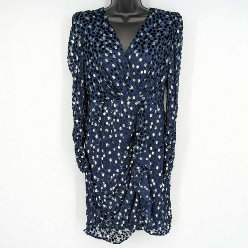 Kate Spade Scatter Dot Dress 6 Navy Silver Faux Wrap Ruffle Velvet Long Sleeve